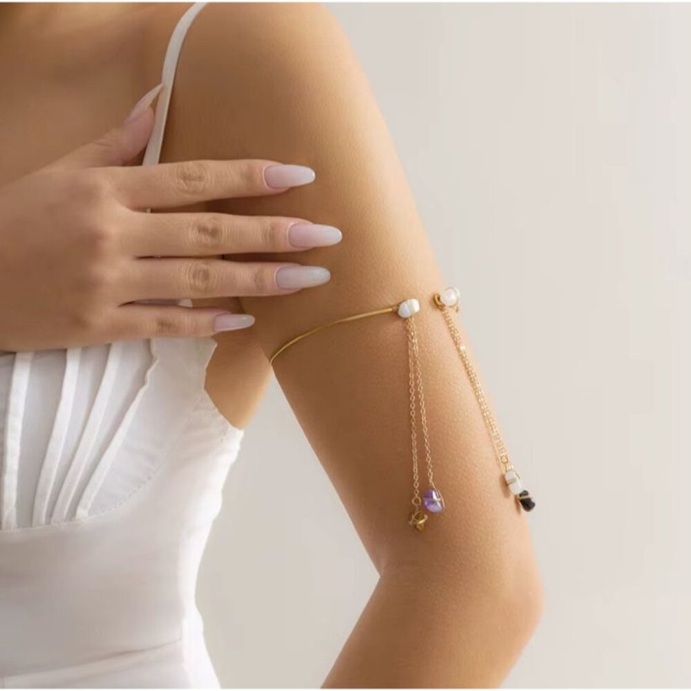 Boho Crystal Chain Arm Cuff Gold Wire Wrapped Gemstone Upper Arm Bracelet Tigers - Picture 4 of 5